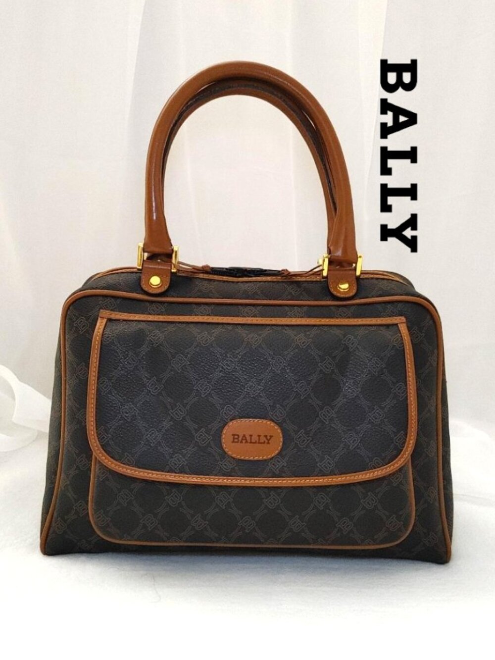 BALLY Handbag Vintage Brown Monogram Satchel Leather Trims Lining Flap Pocket